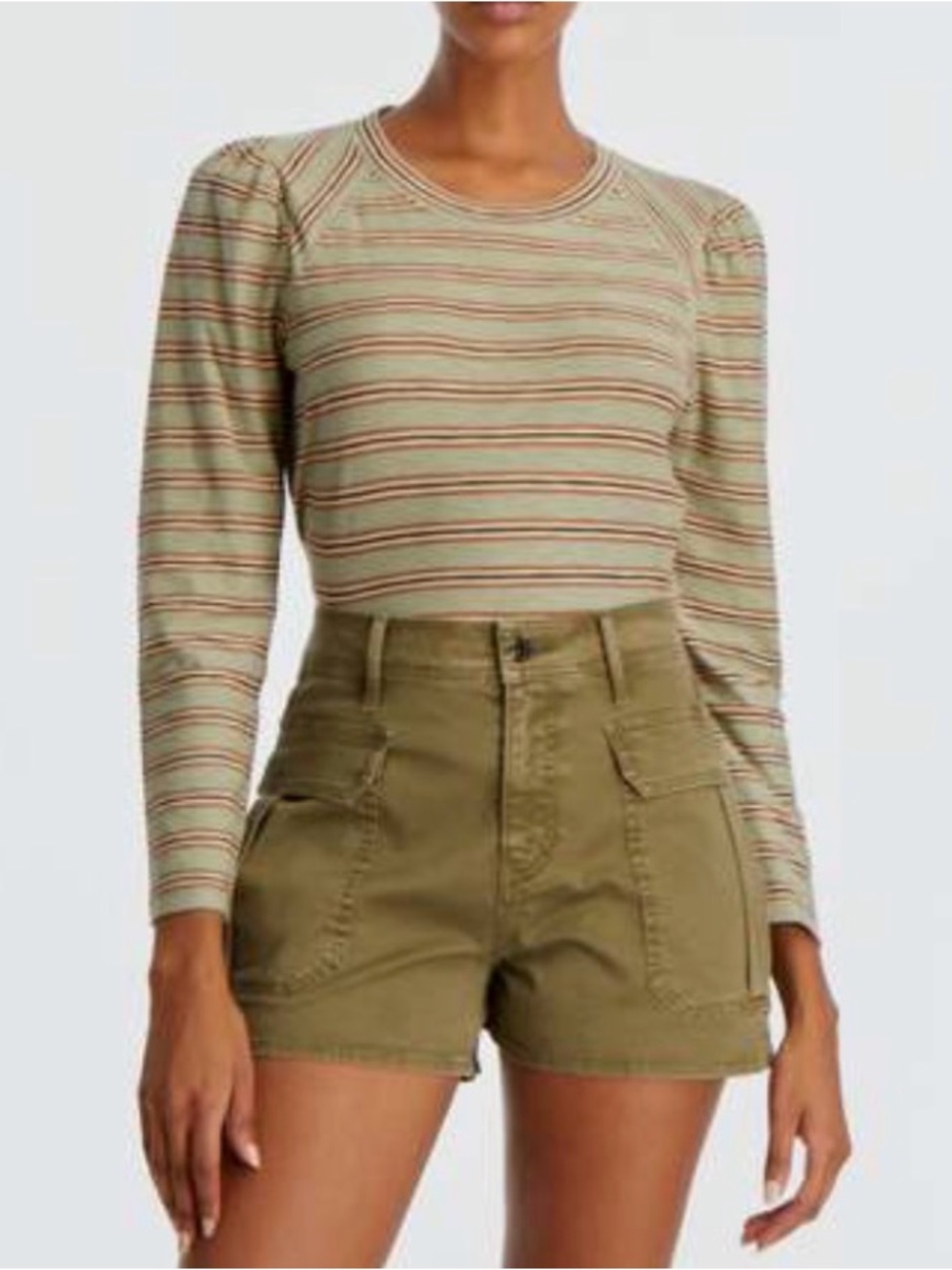Veronica Beard Mason Sage Green Striped Ruched Long Sleeve Baseball Tee Size L
